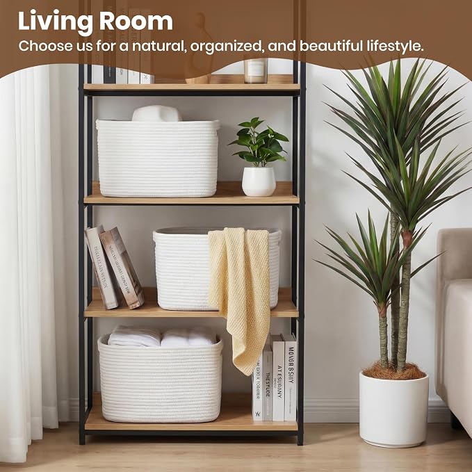 Storage Baskets for Organizing, 14 x 10 x 9” Closet Shelf Woven Baskets, Square Bins with Handles, Cotton Rope Basket for Clothes, Office, Room, White 1 Pack