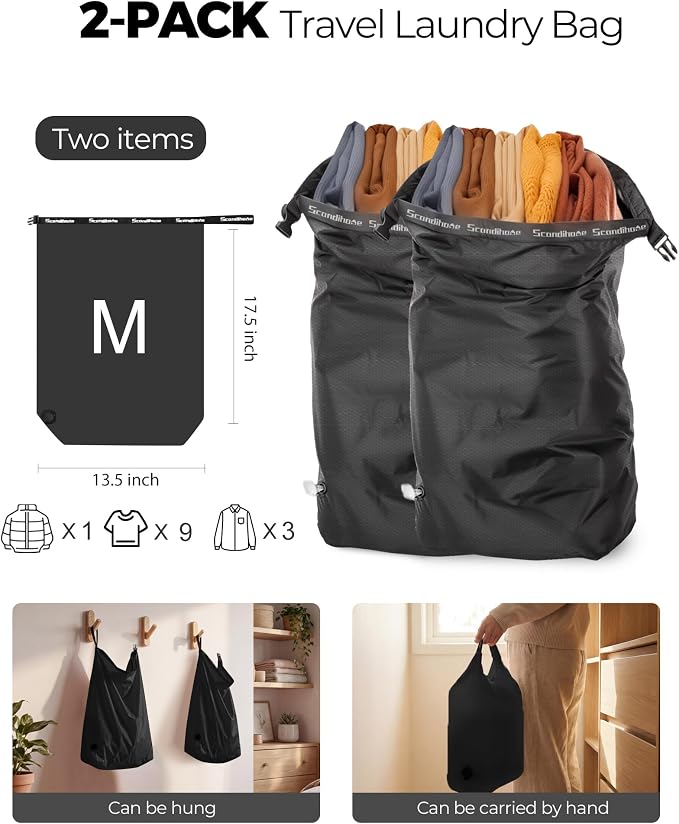 Travel Laundry Bag, Pump-Free Vacuum Compression Dirty Clothes Bag, Reusable Waterproof & Washable Laundry Bag, Wet and Dry Bag, Ideal for Suitcases, Road Trip Essentials (2 Pcs, M+M) Black
