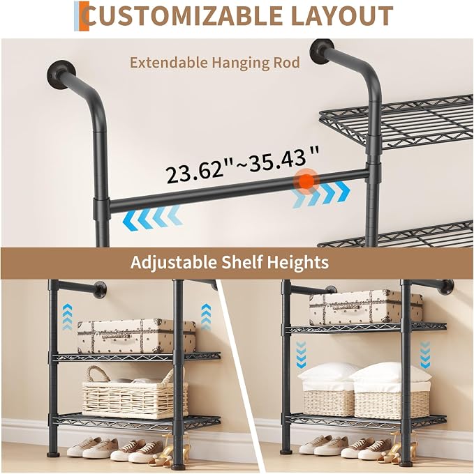 Garvee L2 Wall Mounted Pipe Closet System, Matte Black | Carbon Steel, Expandable Rods 23.62-35.43 in, 3 Wire Shelves, Closet Organizers and Storage