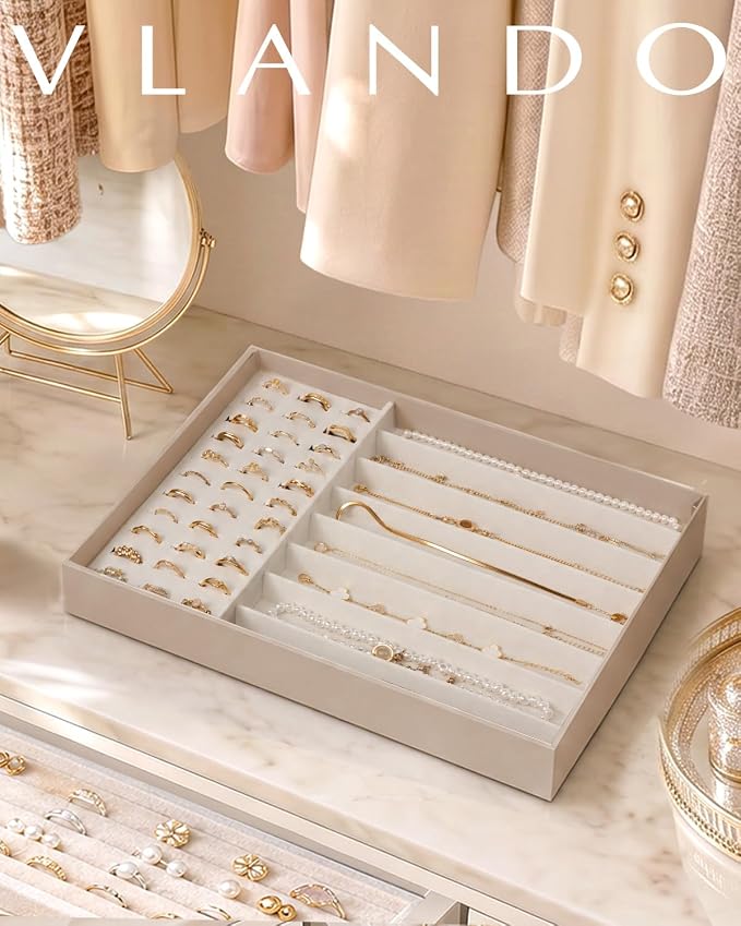 VLANDO Stackable Jewelry Tray, Drawer Organizer for Rings Necklaces,Toffee | Ring Slots, Long Sections, Vanity Storage for Necklaces, Earrings, Daily Jewelry, Gift for Women Girl