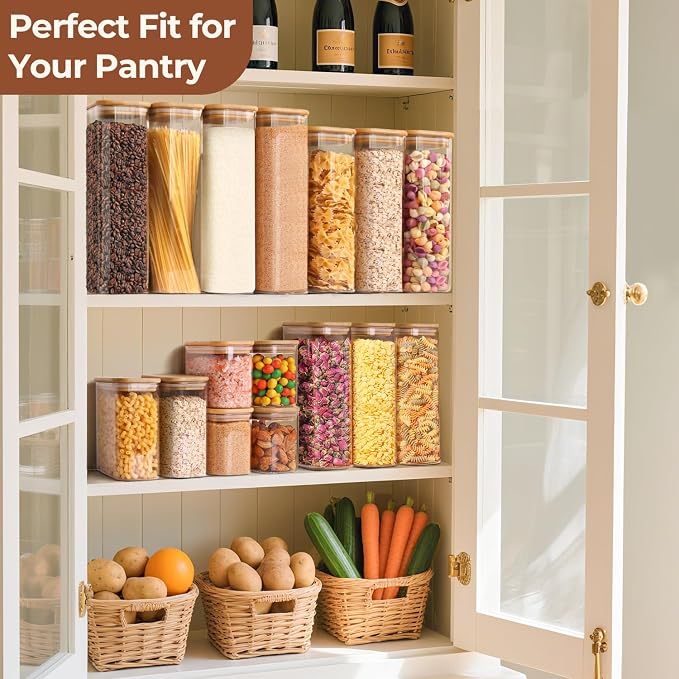 ComSaf Glass Storage Containers With Lids 2 Qt, Set of 3 Cereal Containers | Rectangle Pantry Storage Container, Jar With Bamboo Lid, Glass Cereal Dispenser, Kitchen Storage Flour, Sugar, 64oz, BPA Free