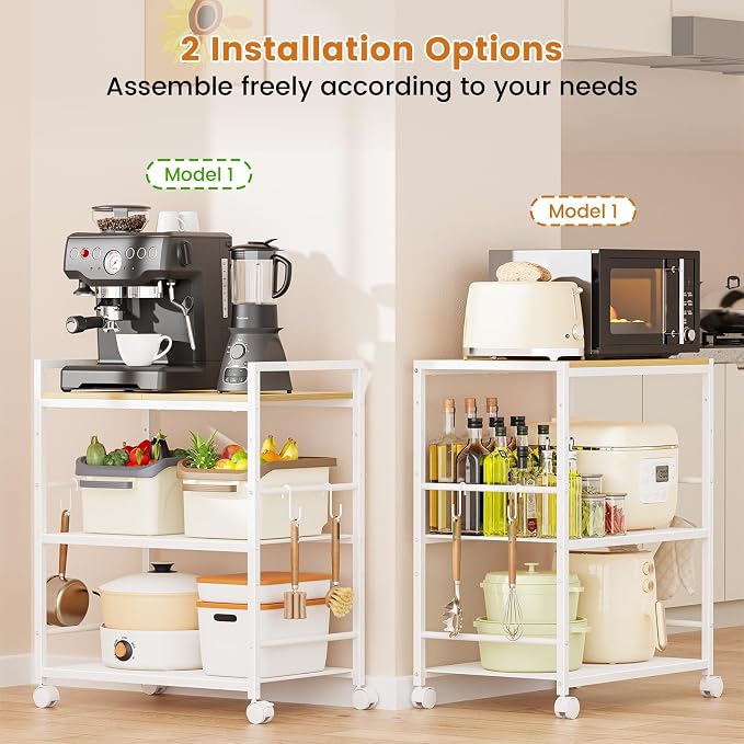 3-Tier Microwave Stand, Kitchen Microwave Cart with Adjustable Shelf | Rolling Kitchen Storage Cart on Lockable Wheels, Coffee Cart Shelf Rack Organizer for Kitchen, Living Room, Balcony, White
