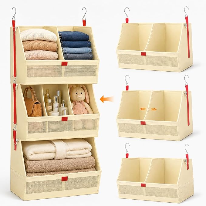 Fabric Hanging Closet Organizer Heavy Duty Shelf Hanging Storage Towel Clothes Sweater Jeans Bag Organizer For Closet For Bedroom,Dorm,RV,See Through Front Panel, Space-Saving (Beige-3Tier Extra Wide)