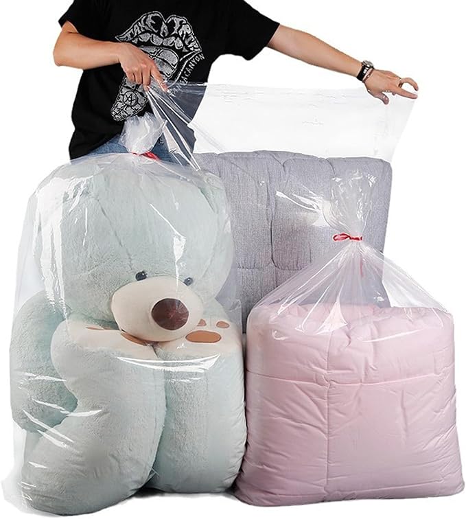 4 Pcs 45x65 inches Extra Large Clear Plastic Bags Perfect for Car Seat, Luggage, Suitcase, Stroller, Chair, Kids Bike and Furniture Storage (2 Mil Flat Bags, Include 4 Ties)