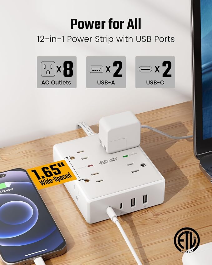 SUPERDANNY Extension Cord,Flat Plug Surge Protector Power Strip,20Ft | 8 AC & 4 USB Ports (2 USB C),Surge Protector with 1050J,Desk Charging Station for Home Office,College Dorm Room Essentials