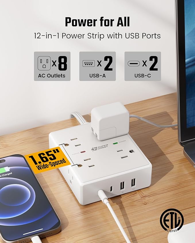 SUPERDANNY Extension Cord,Flat Plug Surge Protector Power Strip,25Ft | 8 AC & 4 USB Ports (2 USB C),Surge Protector with 1050J,Desk Charging Station for Home Office,College Dorm Room Essentials