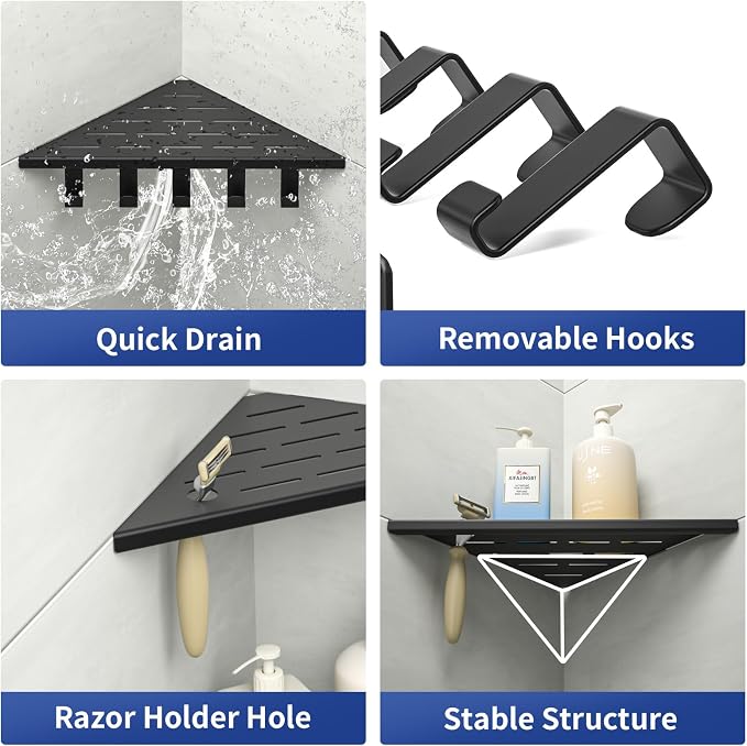 10'' Corner Shower Shelf | 304 Stainless Steel Shelves for Bathroom, Grout in Shelf with Hooks for Tiled Wall (Matte Black)