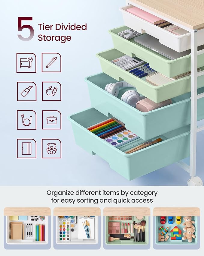 VASAGLE 5-Drawer Rolling Storage Cart, Mobile Organizer Trolley with Wood Top and Metal Frame, for Craft Room, Office, 15.6 x 11.2 x 24.8 inch, Green and White, Benco Collection ULRC005C101