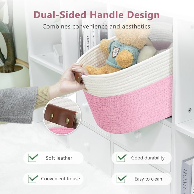 ECDYQXVU 15x10x9 Woven Cotton Rope Storage Basket, Leather Handles 2 Pack | Foldable Design, Sturdy PU Handles, Easy to Clean Organizer for Living Room, Closet, Shelves, Bedroom, Laundry, Clothes