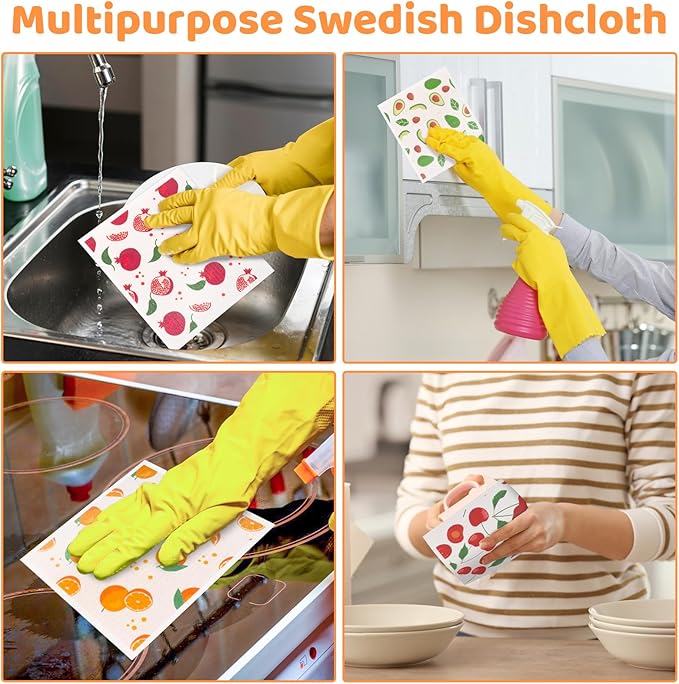 Needbrock 6 Pack Fruit Swedish Dishcloths for Kitchen,Swedish Rags Dish Towels with Clips, Reusable Paper Towels Washable Absorbent Cellulose Sponge Cloths for Countertop Dishes Cleaning