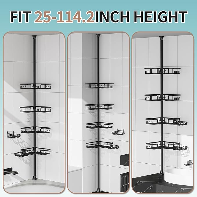 KEGII Corner Shower Caddy Tension Pole, Stainless Steel Shower Organizer | 32 Hooks & 2-in-1 Soap Holders, Adjustable 25–114.2 Inch, Rustproof Bathroom Storage Rack for Families and Renters, Black