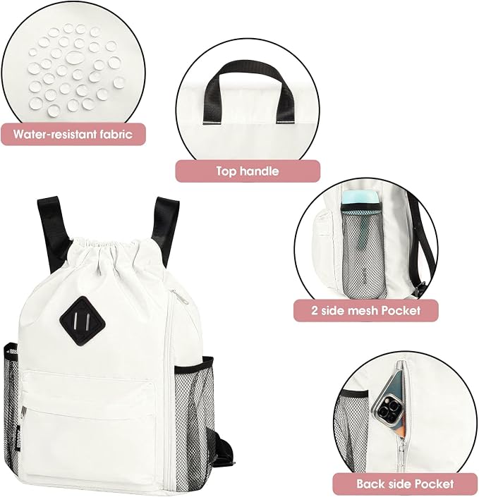 WANDF Drawstring Backpack with Shoe Compartment, Sports Gym Bag | Multi-Pocket Storage, Water-Resistant Fabric, Cinch String Bag