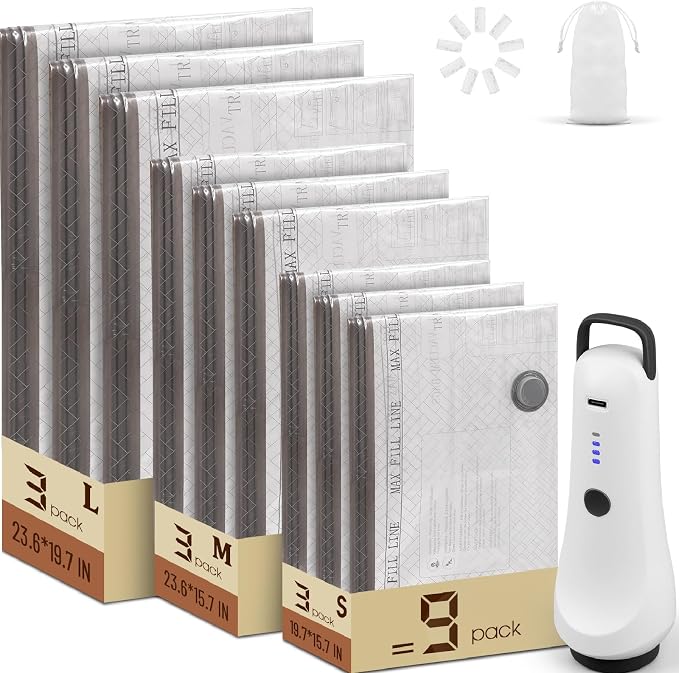 Vacuum Bags for Travel with Cordless Pump, Reusable Vacuum Seal Bags for Clothing Travel, 4500Pa Suction, Space Saver Bags for Home Carry-on Luggage Suitcase, Travel Essentials, 9 Pack