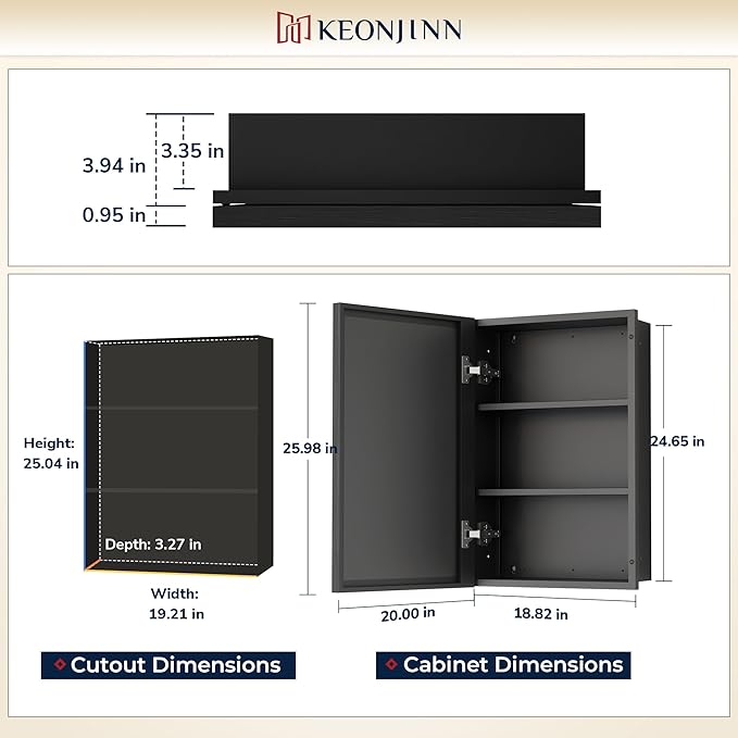 Keonjinn 20" x 26" Black Medicine Cabinet for Bathroom, Recessed or Surface Wall-Mounted Aluminum Alloy Framed Beveled Mirror with Storage, Mirrored Cabinets with 2 Adjustable Shelves for Bath Modern