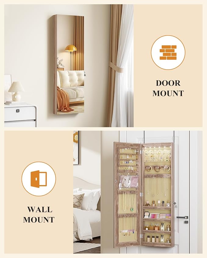 LVSOMT Over The Door Jewelry Organizer, 6 LED Wall Mounted Jewelry Cabinet | Lockable 42.5" Full Length Mirror with Jewelry Storage, Hanging Jewelry Mirror Cabinet, Jewelry Armoire for Women, Wood