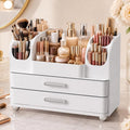Large Makeup Organizer for Vanity - Perfume Cosmetic Display Cases | Skincare Organizers with 2 Drawers for Bathroom Dresser, Easy to Store Brush Eyeshadow Lipstick Beauty Supplies, All White
