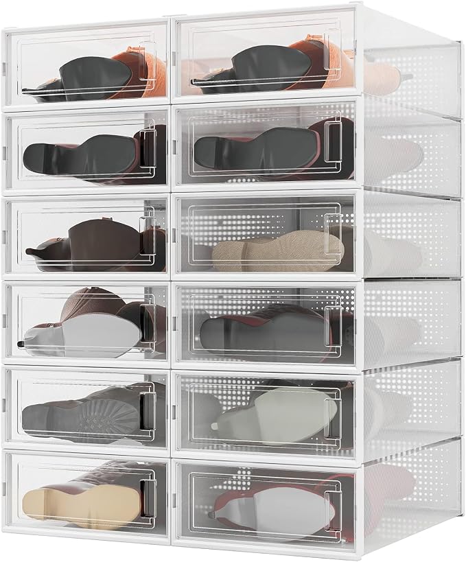 12-Piece Boot and Shoe Storage Box, Stackable Clear Plastic Shoe Box, Space-Saving Shoe Organizer for Boots, Sneakers, and High Heels, Clear