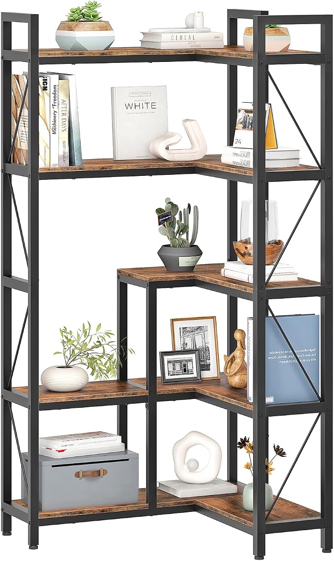 CHOEZON Corner Bookshelf, 5-Tier L-Shaped Bookcase, Corner Shelf with Metal Frame, Industrial Tall Display Shelf, for Living Room, Home Office, Bedroom, Rustic Brown TSJ12BF