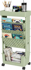 5-Tier Rolling Bookshelf Magazine Rack with Wheels Green | Mobile Bookcase, Book Storage, File Folder Organizer Cart for Home Study Office Living Room Classroom
