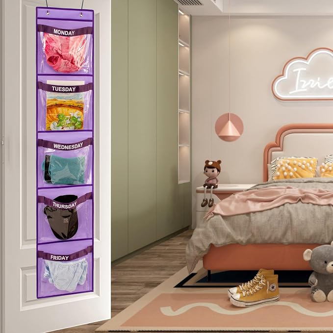2 Pcs Day of Week Clothing Organizer Monday to Friday School Clothes Organizer for Kids Weekly Hanging Closet Organizer (Purple)