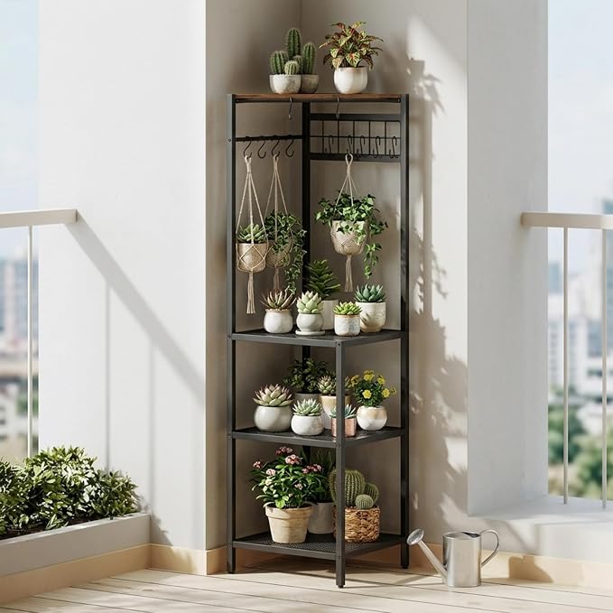 MAHANCRIS 4-Tier Pots and Pans Organizer with 10 Hooks for Kitchen Corner | Pots Rack, Cookware Stand, for Kitchen, Dining Room, Pantry, Rustic Brown