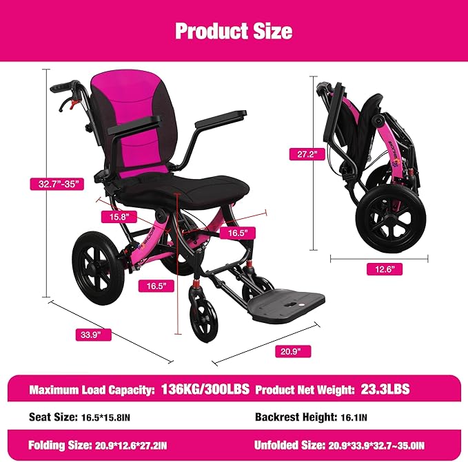 Wheelchairs for Adults Ergonimic Transport Chair Lightweight Foldable with Telescopic Handle 11-inch Big Wheels for All Terrains Travel Wheelchair with Removable Cushion