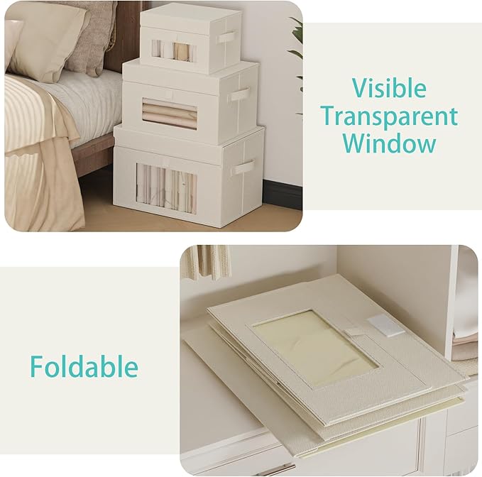 Transparent Window Storage Bin, Cube Organizer Basket with Flip-Top Lid and 2 Handles, Decorative Boxes with Cover, 4 Pack, Beige, 15 x 9.8 x 9.8 In, XSNY17BEL-4