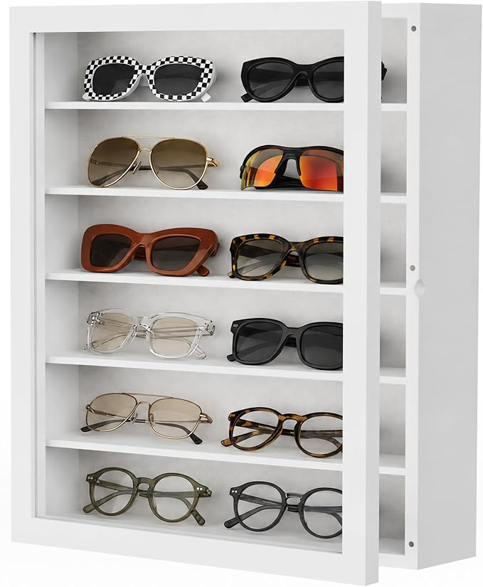TJ.MOREE Sunglass Organizer Wall Mounted Glasses Holder Display Case 6 Tier | 13 x 15.6 inches Wooden Storage Box for Multiple Pairs Eyeglasses Sports Sunglasses