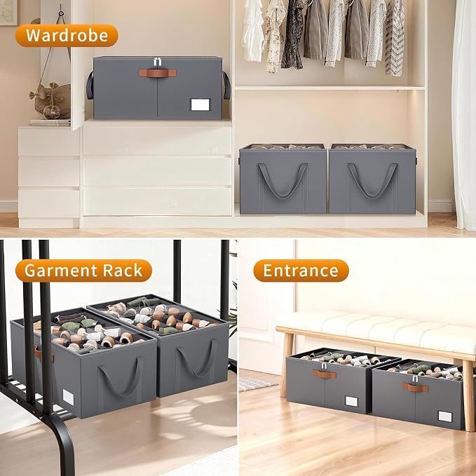 Shoe Organizer for Closet, Fits up to 40 Pairs, Gray, 2 Pack | Space Saving, Clear Cover, Reinforced Handles, Stackable & Foldable Fabric Shoe Storage Organizer Box for Entryway, Bedroom