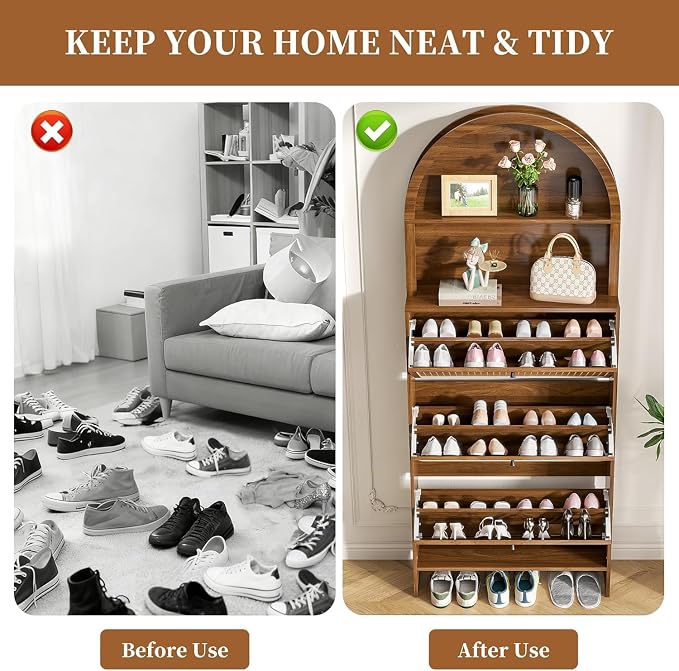Shoe Storage Cabinet for Entryway with 3 Flip Drawers, 78.7 Inch Tall Arched Hidden Shoe Cabinet with Shelves, Narrow Freestanding Shoe Rack Organizer with Fluted Panel for Foyer (Walnut)