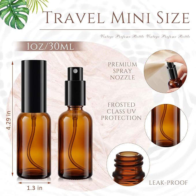 Roshtia 30 Pcs Glass Spray Bottle Clear Empty Bottles Small Refillable Reusable Perfume Bottle with Fine Mist Sprayer Pump for Face Body Travel(1 oz,Black Amber)