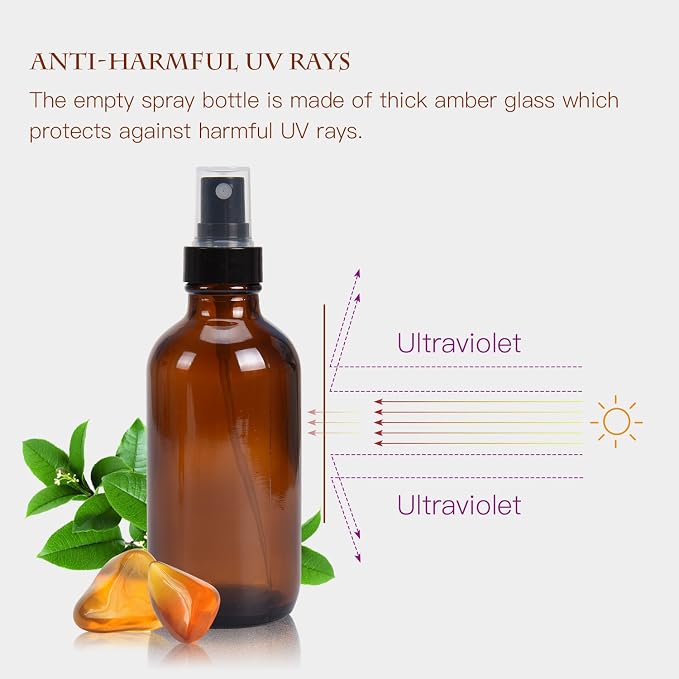 ULG Amber Glass Spray Bottles 4oz Brown 16 Piece | Fine Mist Sprayers, Empty Spray Atomizer, Waterproof DIY Labels Included
