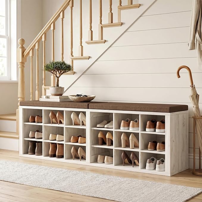 Shoe Rack Bench, Shoe Storage Bench with Cushion, Shoe Organizer 18 Cubbies for Entryway Hallway Bedroom Living Room, Holds Up to 400lbs
