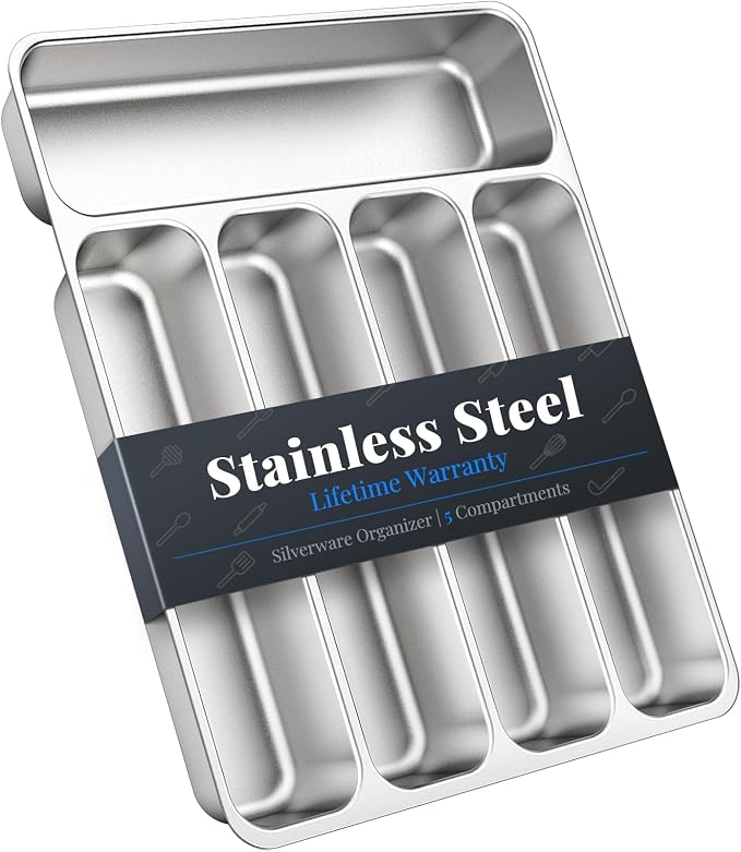 IKOCO Silverware Organizer, Stainless Steel, Dishwasher Safe for Drawer | 13.8" x 11.4" x 1.6", Rust-Resistant & Non-Absorbent, 5-Compartment, Holds Spoons/Forks/Knives