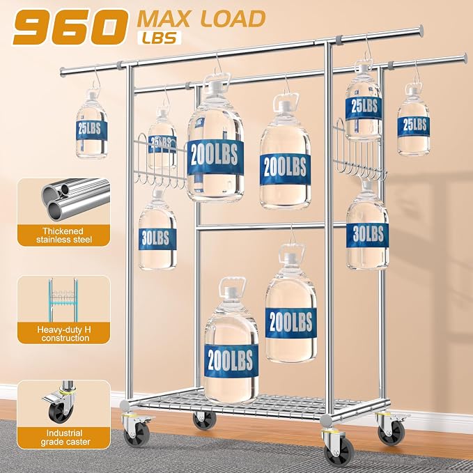 Stainless Steel Heavy Duty Clothes Rack Load 960LBS, Freestanding Garment Racks with Three Rods for Hanging, Rolling Clothing Rack with 360° Wheels for Bedroom Laundry Commercial