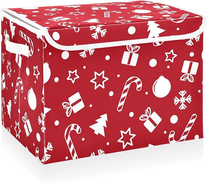 CaTaKu Large Fabric Storage Bins With Lids, Red Christmas Tree Storage Boxes With Handles for Organizing Clothes, Collapsible Storage Cube Bins Baskets for Shelves