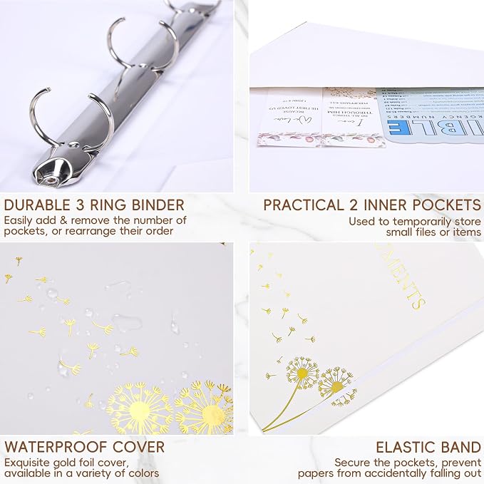 XKDOUS Important Document Organizer, Folio Folders with 9 Pockets, 3-Ring Binder Gold-Foiled Hardcover File Storage Organization Expanding File for 8.5x11 Papers, A4 Documents