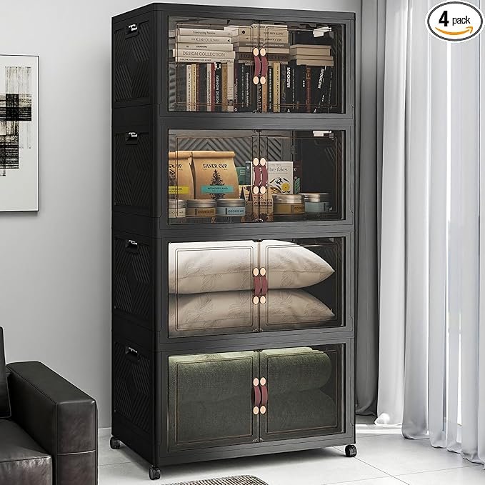 Stackable Storage Bins with Lids, Collapsible Storage Boxes, Foldable Plastic Storage Drawers for Bedroom,Office, Dorm (4, Black, XL)