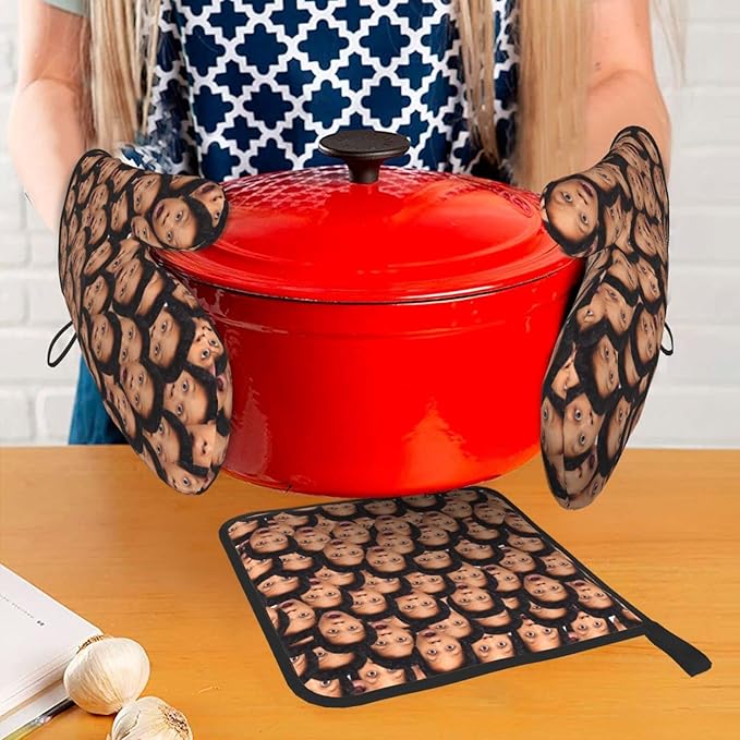 Custom Oven Mitts and Pot Holders Personalized with Your Face, Baking Gifts for Women for Kitchen Cooking, BBQ, Grillin-Style1, 2 Oven Mitts+ 1 Pot Holders