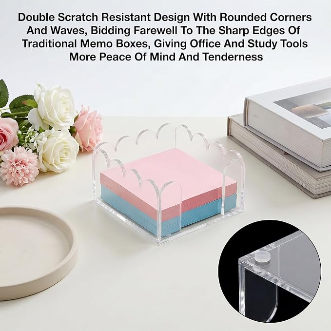 Skrfren Scalloped Acrylic Sticky Note Holder 3x3 Inch Notepad Holder with Wave Design Crystal Clear Sticky Note Holders Dispenser Thick Acrylic Desk Organizer for Office Home Dorm Classroom