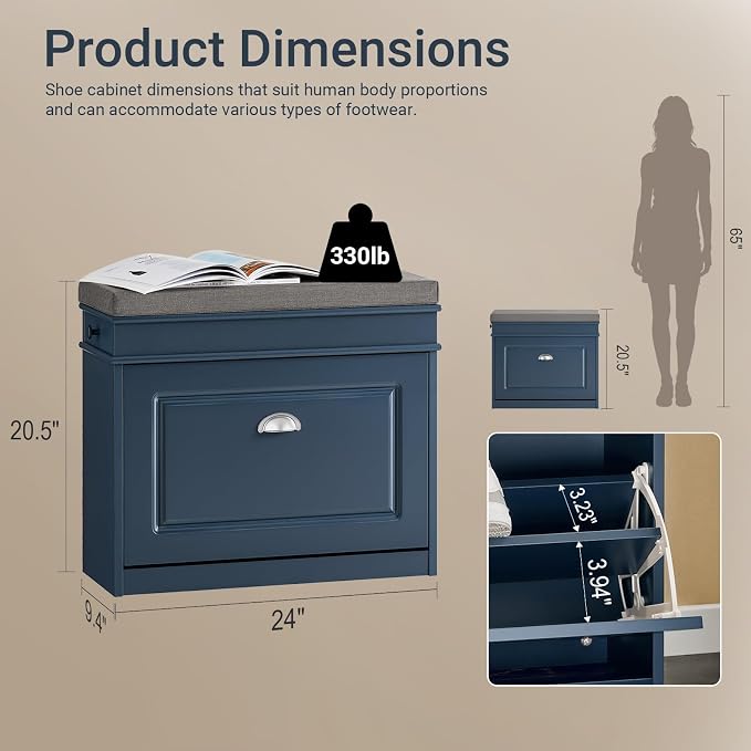 Haotian Small Shoe Storage Bench for Entryway | Narrow Shoe Bench with 1 Flip-Drawer and Seat Cushion, Mini Shoe Rack Hallway Entrance Mudroom, Navy Blue