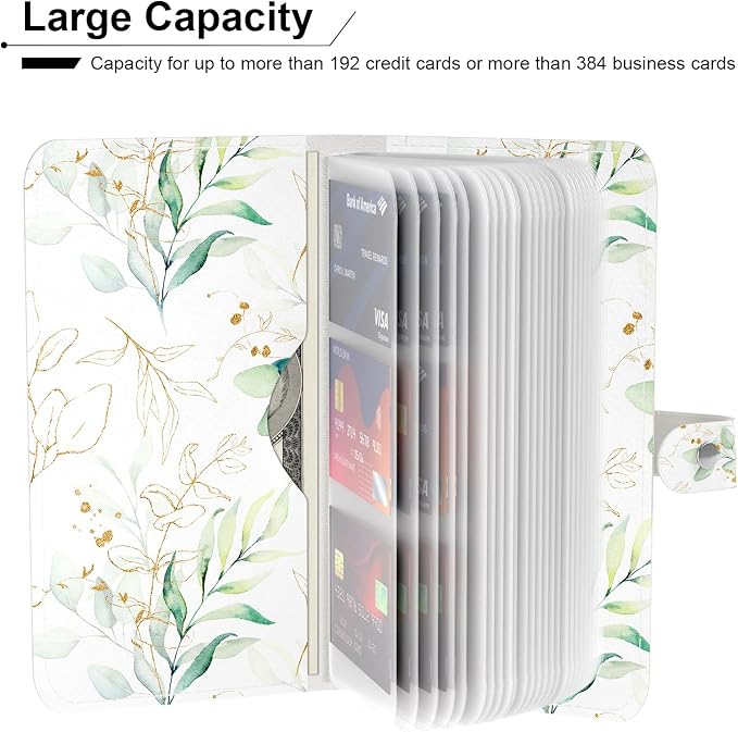 Rouidr Business Card Organizer, RFID Business Credit Card Holder with 96 Card Slots, Portable Leather Card Wallet for Women, Eucalyptus Leaf
