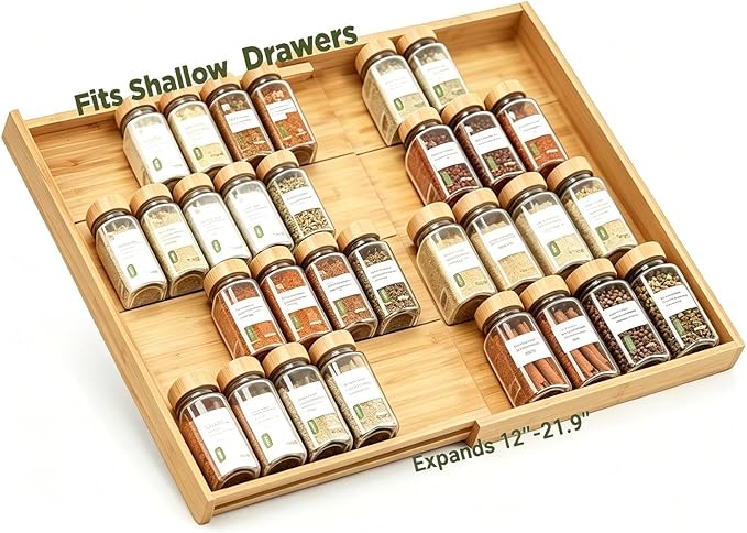 Bamboo Spice Drawer Organizer Expandable(Fits 2.6” Deep Drawers), 4-Tier Spice Rack Drawer Insert for Kitchen Cabinets(12" - 21.9" Width), Adjustable Seasoning Storage Insert (Jars Not Included)