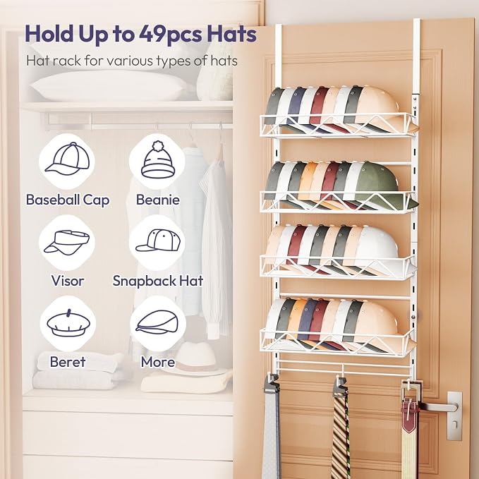 SWTYMIKI Over Door Hat Organizer - 5 Tier Wall Mounted Hat Rack with 4 Adjustable Metal Basket and 3 Hooks, Hanging Baseball Cap Organizer Storage Holds up to 49 Caps for Door, Bedroom, Closet