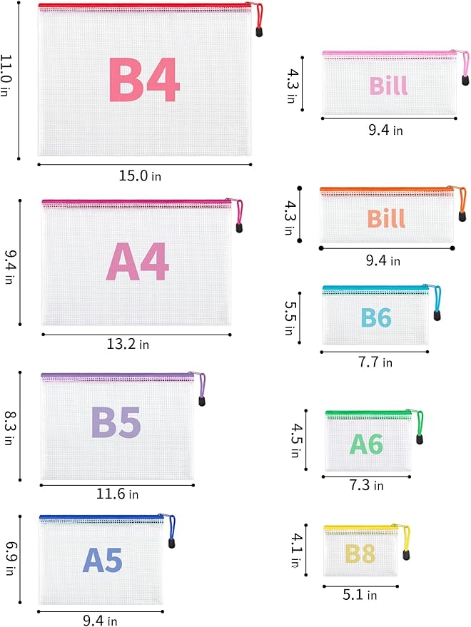 JARLINK 24 Pcs Mesh Zipper Pouch Bags, 8 Sizes Waterproof Zipper Bags | Multi-use Travel Bags for Office, School, Board Game, Puzzles, Cosmetics, Travel Accessories, and Home Organization, 9 colors