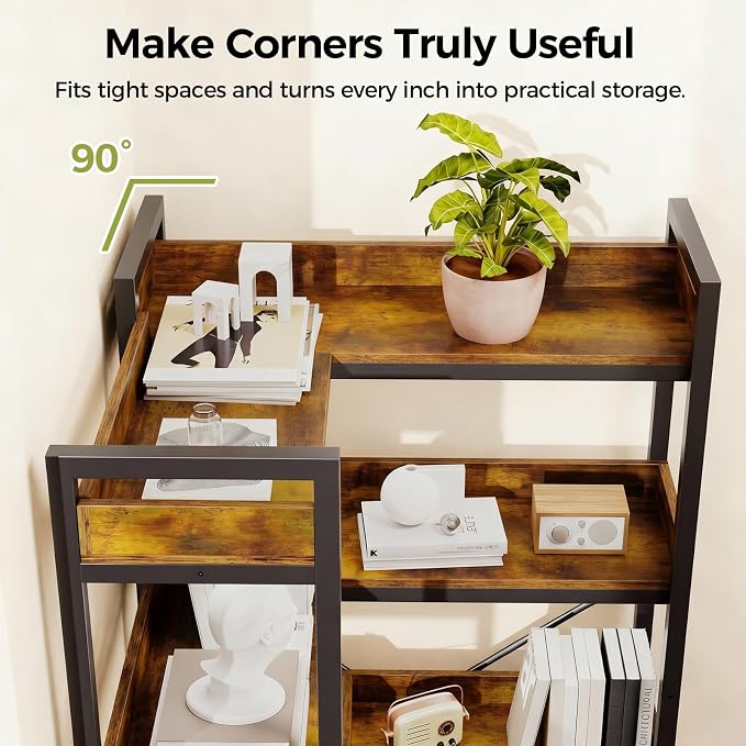 GTPLAYER 6-Tier Corner Bookshelf, L-Shaped Metal Frame Shelf with Tall 14" Shelves, Plant Stand and Storage Rack for Small Spaces, Living Room and Home Office, Vintage Brown