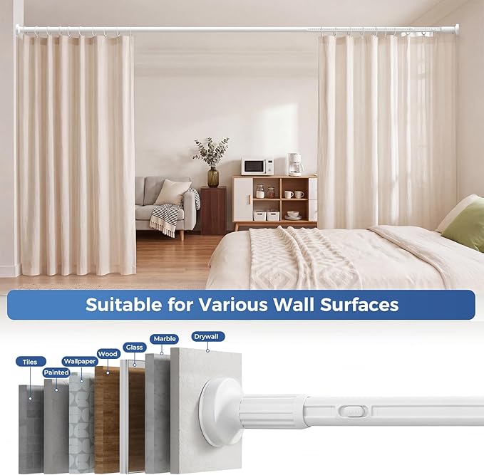 ALLZONE Adjustable Tension Curtain Rod, 40-121 inches, Heavy Duty Curtain Rods No Drilling, Anti-Slip Tension Rod for Window, Shower, Outdoor & Patio, Easy to Install, 1.26In Diameter, White