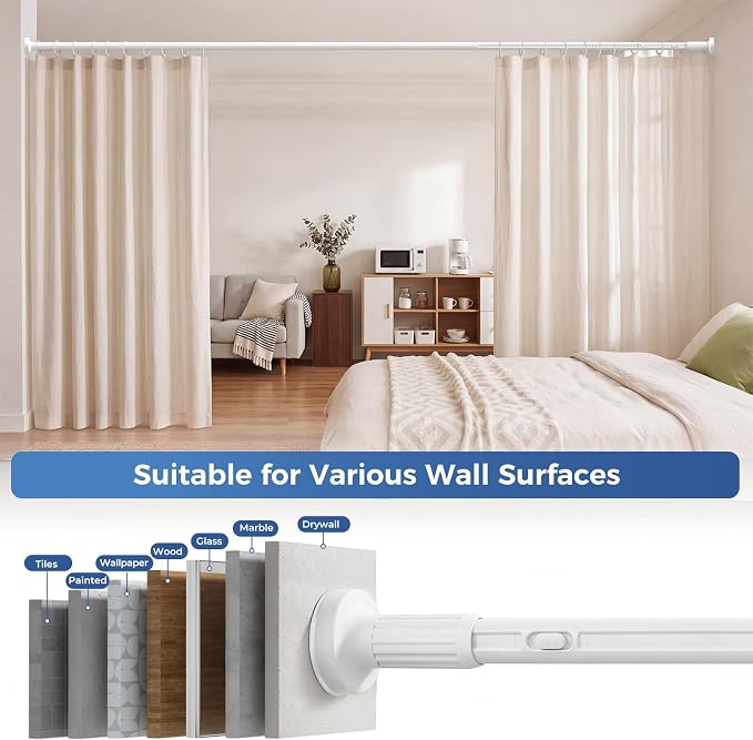 ALLZONE Adjustable Tension Curtain Rod, 40-157 inches, Heavy Duty Curtain Rods No Drilling, Anti-Slip Tension Rod for Window, Shower, Outdoor & Patio, Easy to Install, 1.26In Diameter, White