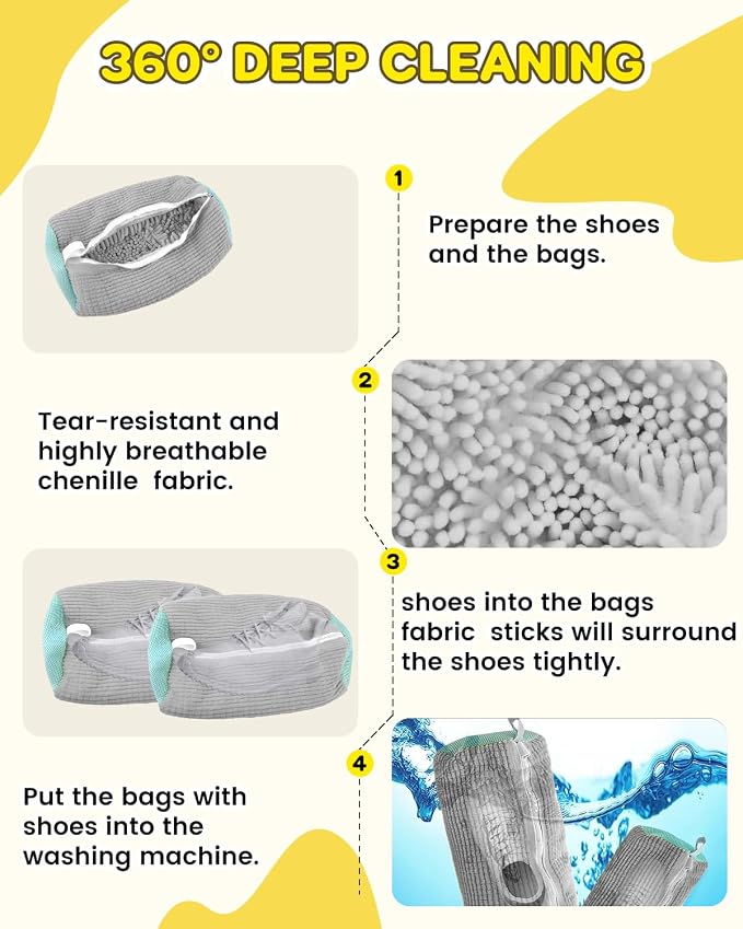 Shoe Washing Bag for Washing Machine, Shoe Laundry Bag For Washer And Dryer, Fluffy Fibers 360° Wrap-around Cleaning, Reusable Washer Shoe Bag For Sneaker Gym Shoes and All Shoe Types (Gray)