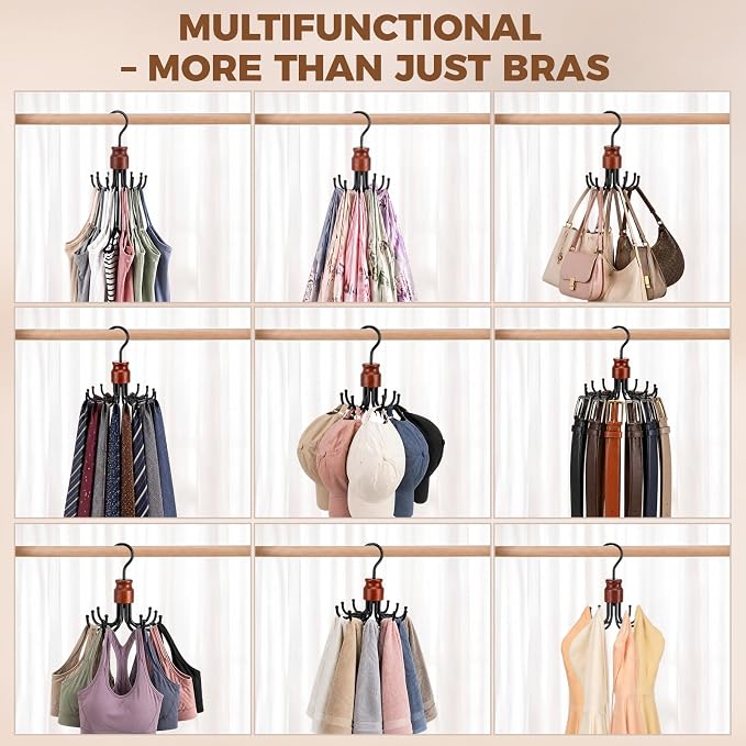 Bra Hanger for Closet Organizer, Space Saving Wooden Tank Top Hangers with 8 Foldable Hooks & Holds 24 Items, 360° Rotating Storage for Bras, Scarves, Belts, Ties and More